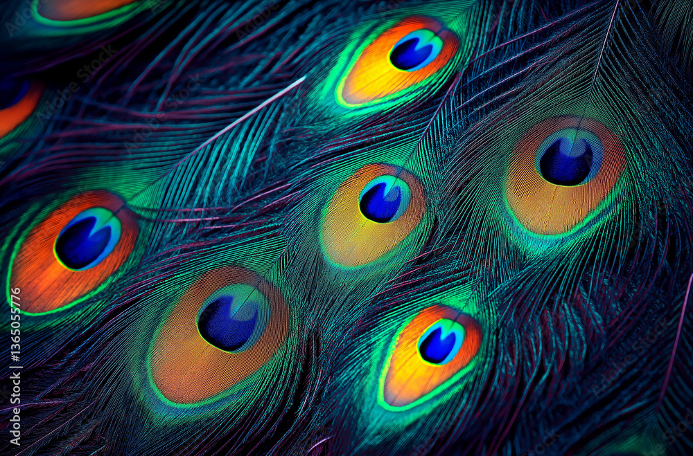 Fototapeta premium Vibrant neon peacock feathers display boldly on dark backdrop, inspiring artistic expression and visual elegance