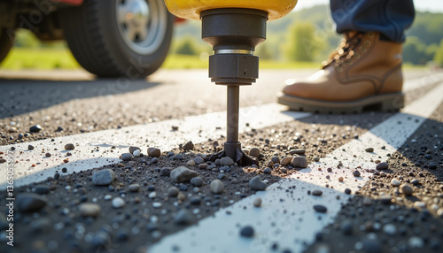 Pneumatic drill breaking asphalt on sunny day, construction work detail