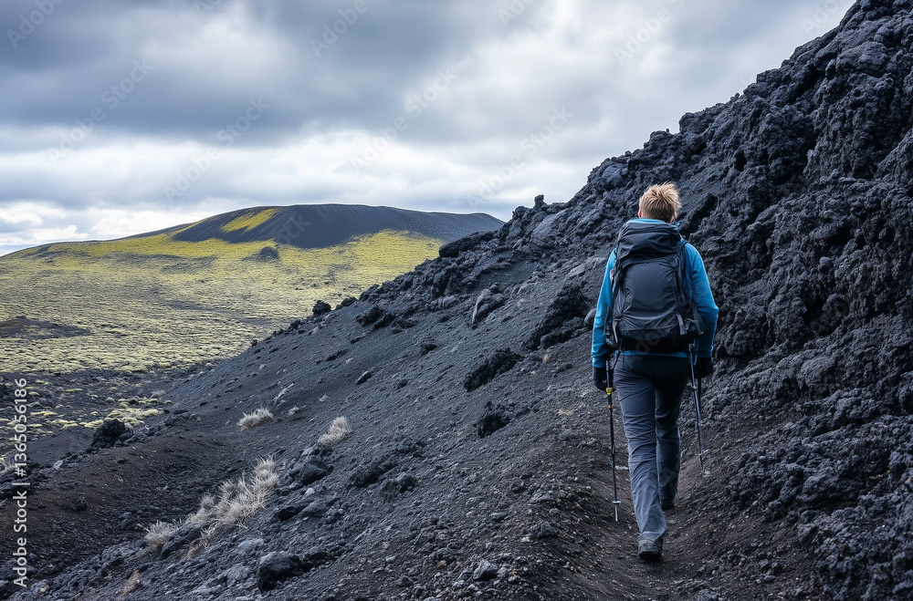 Fototapeta premium Adventurous hike through the obsidian volcanic ridge offers breathtaking views and thrilling rugged natural exploration