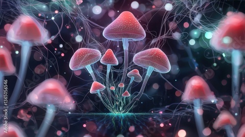 A kaleidoscopic artwork of intertwining mushroom caps and glowing tendrils, Forest psychedelic mushrooms drawing