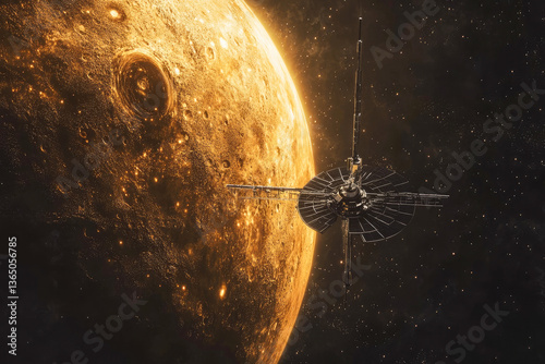 An advanced space probe hovers near Mercury, showcasing the planet’s unique surface and features in detail.