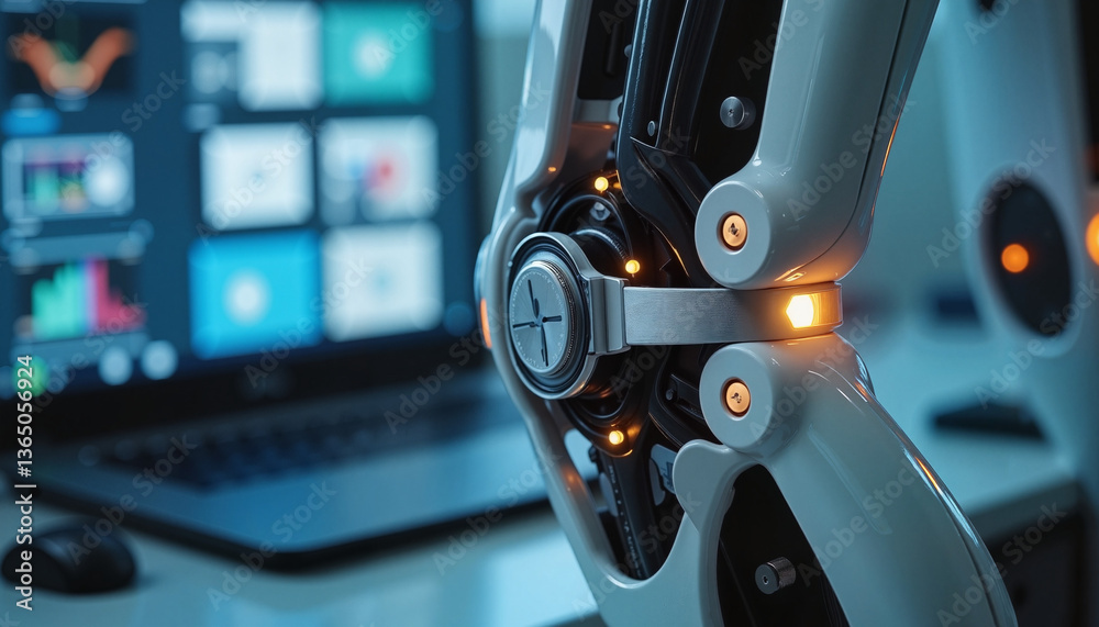 Fototapeta premium Close-up of robotic knee joint with sensors in laboratory setting, innovation