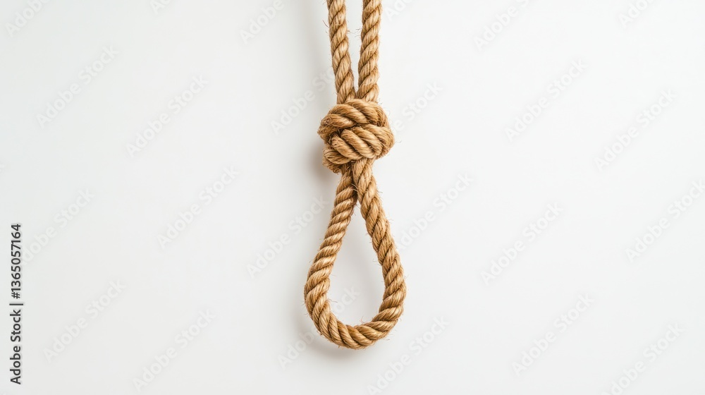Close-up of a simple knot tied in a light brown rope on a white background. Possible use education, instructional Close-up of a simple knot tied in a light brown rope on a white background. Possible use education, instructional