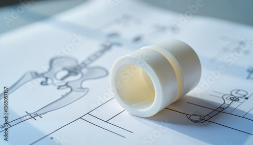3D-printed joint socket on blueprint for hip replacement, orthopedics