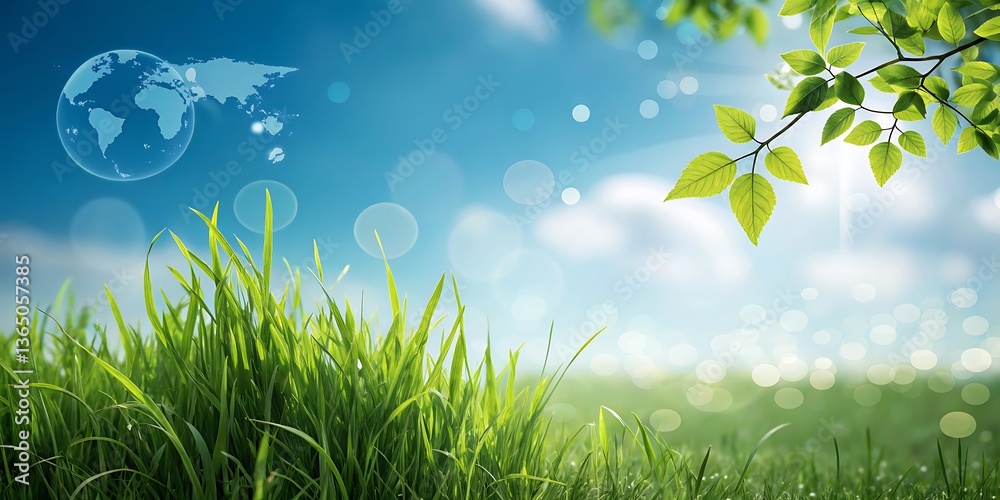 Fototapeta premium Nature Background with Green Grass, Blue Sky, and Global Connection Theme