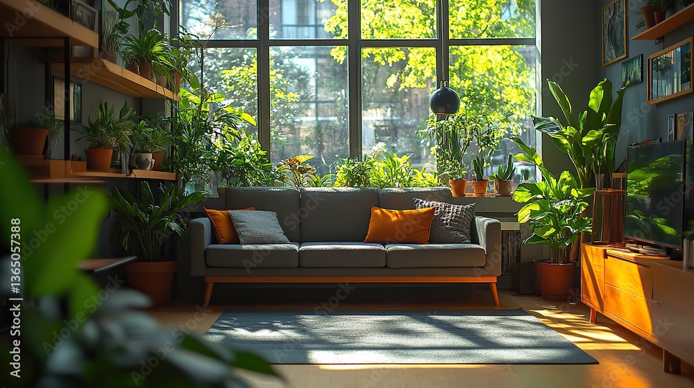 Sunlight streams into a spacious modern loft with lush plants, fostering tranquility and sustainable living, featuring a large window with a city view. Sunlight streams into a spacious modern loft with lush plants, fostering tranquility and sustainable living, featuring a large window with a city view.