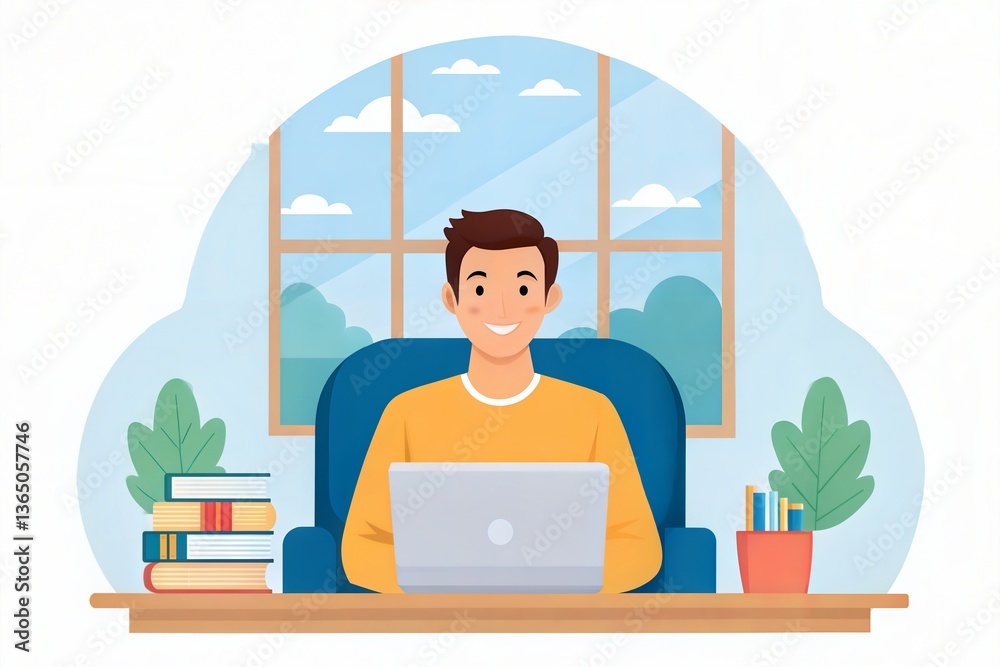 Fototapeta premium Young Man Working Remotely on Laptop, Online Education and Digital Learning 