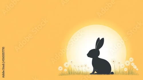 Cute Bunny in Dandelion Field at Golden Sunrise with Warm Sunlight and Peaceful Spring Atmosphere