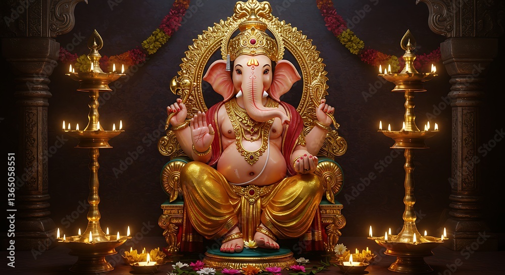 Obraz premium Majestic Lord Ganesha idol in a beautifully lit temple with an intricate backdrop.