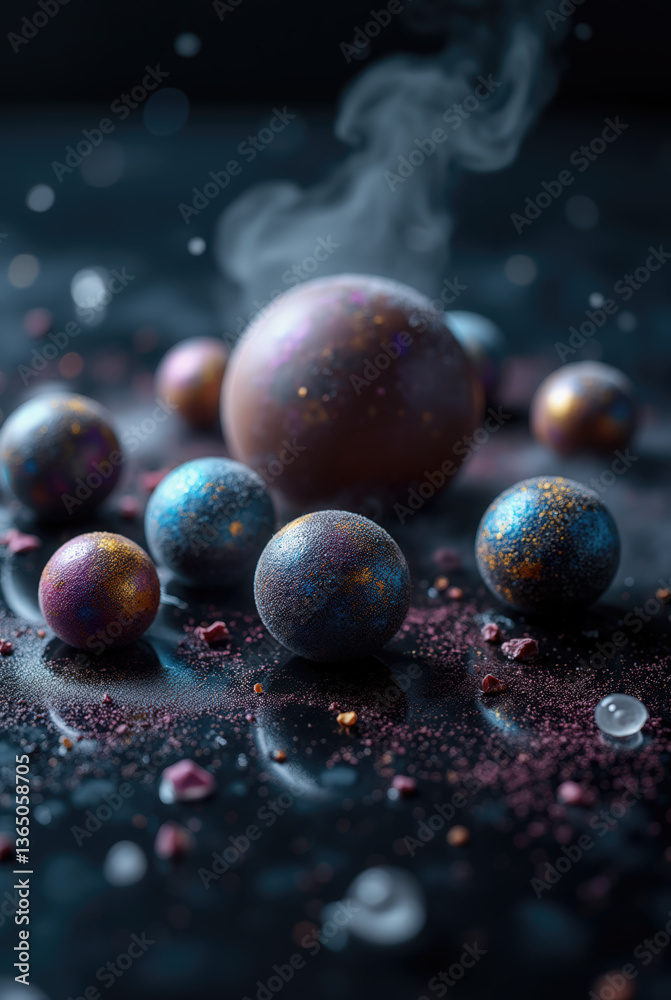 Naklejka premium Various colorful spherical objects scatter across a dark surface, glimmering with iridescent hues. Smoke rises gently, enhancing the mystical atmosphere of the scene
