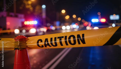 Caution tape fluttering by traffic cones at emergency site, safety alert