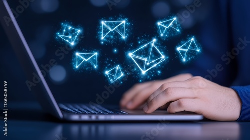 Digital Email Marketing Concept with Blue Envelope Icons and Laptop on Bright Background photo