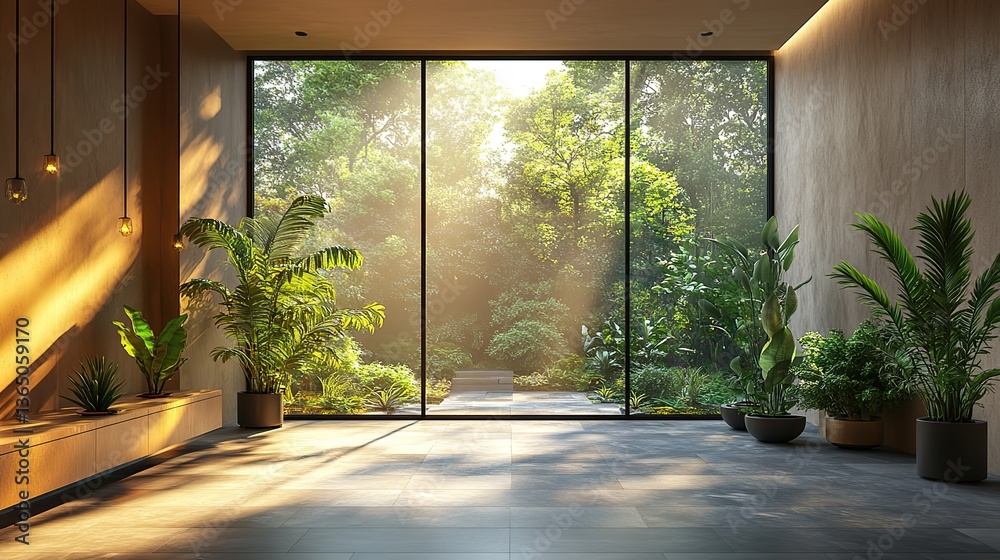 Sunlight streams through a large window, illuminating potted plants in a modern minimalist interior, creating a tranquil and eco-conscious atmosphere. Sunlight streams through a large window, illuminating potted plants in a modern minimalist interior, creating a tranquil and eco-conscious atmosphere.