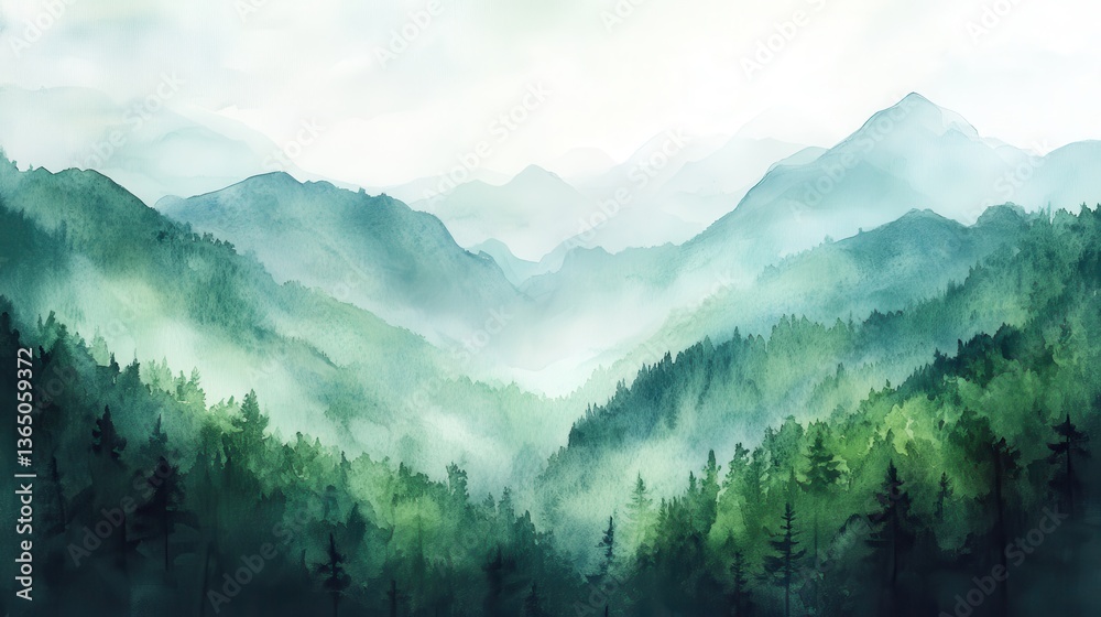 Obraz premium Watercolor of landscape forest misty mountains horizon and fog and hills,pine tree fir tree,Autumn forest background,drawn by hand,Autumn illustration design elements for landscape,wallpaper.