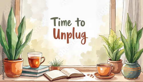 Cozy reading nook with tea and books, time to unplug concept