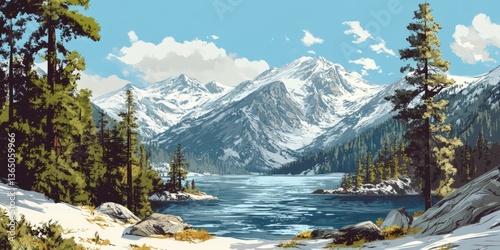 Donner Lake. Crystal Waters Surrounded by Sierra Forest and Snow-Capped Mountains