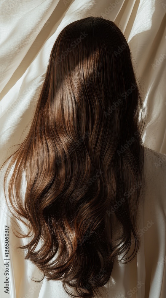 Naklejka premium Beautiful model girl with Brown hair strand,silky healthy chestnut wavy hair strand,hair wavy ribbon, with smooth,Keratin straightening,Treatment,straight long hair,procedures,Smooth hairstyle.