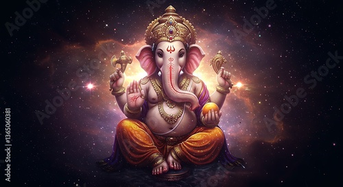 Artistic digital painting of Lord Ganesha with cosmic elements and divine aura.