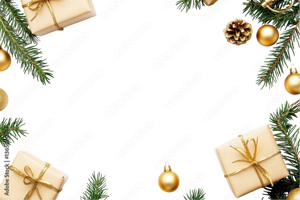 Obraz premium Christmas border with gift boxes, fir branches, and golden baubles on a white background, png