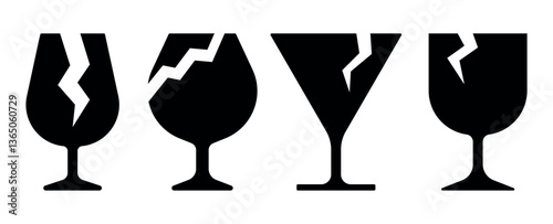 Broken wine glass silhouette fragile icons isolated white background for logistics packaging and transportation of goods
