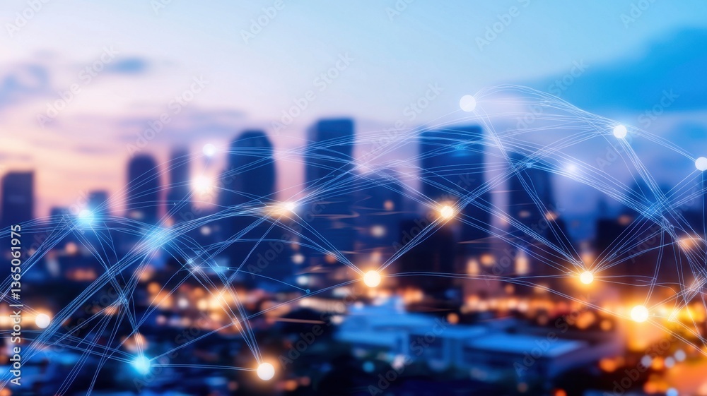 Obraz premium Fast moving light trails between skyscrapers at sunset in a big city