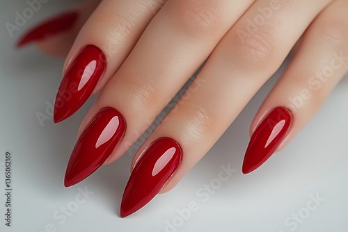 Close-up of long red stiletto nails, glossy manicure, sharp nail design, feminine hand with bold red nail polish, elegant nail art, stylish pointed nails