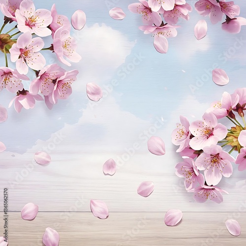 there are pink flowers on a branch of a tree on a wooden table photo