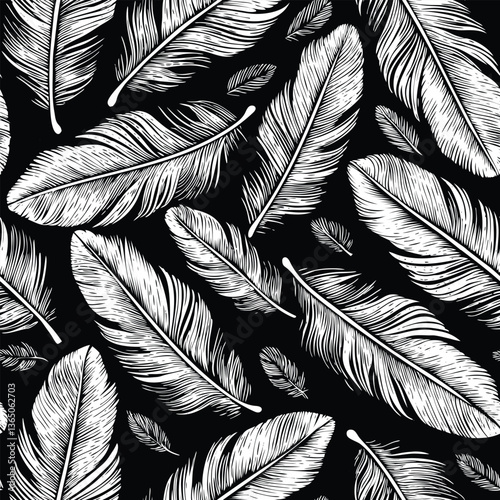 Black and White Feather Line Art Seamless Pattern