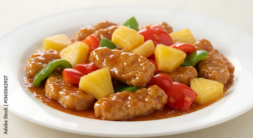 Sweet and sour pork with bell peppers and pineapple on a white plate Sweet and sour pork with bell peppers and pineapple on a white plate
