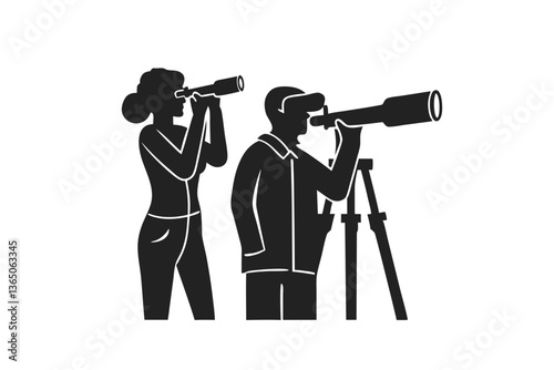 looking through binoculars and telescopes silhouette vector illustration