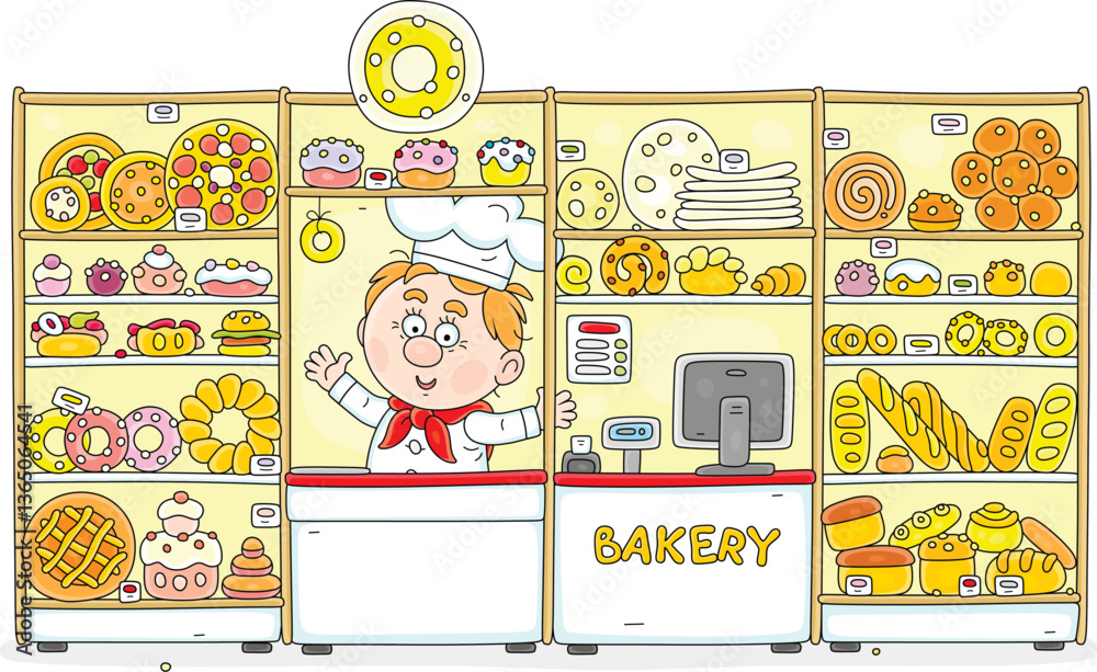 Fototapeta premium Funny baker behind a counter in a bakery, surrounded by long loafs, breads, rolls, buns, pies, pasties and cakes in a showcase of a shop, vector cartoon illustration on a white background