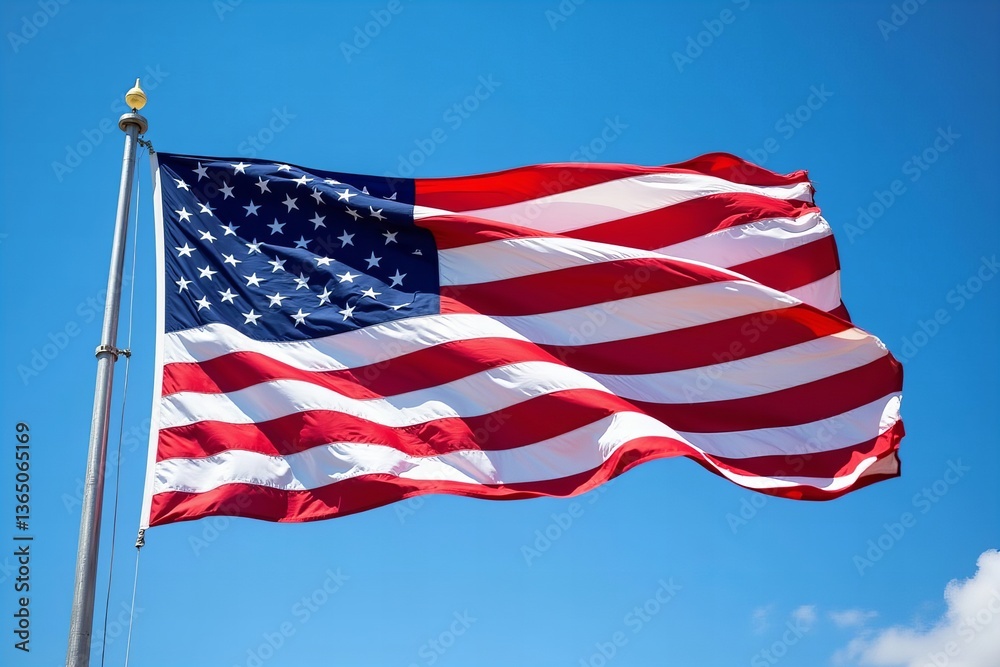 Obraz premium American Flag Fluttering in the Wind, Vibrant Red and Blue Colors Against Clear Blue Sky