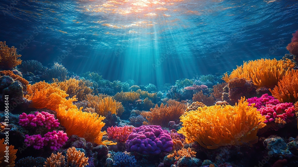 Obraz premium Sunlight streams through clear blue water, illuminating a vibrant coral reef with marine life, a mesmerizing underwater seascape of color and tranquility.