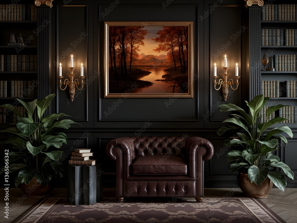 Fototapeta premium Luxury Home Library – Elegant Leather Chairs & Classic Interior Design