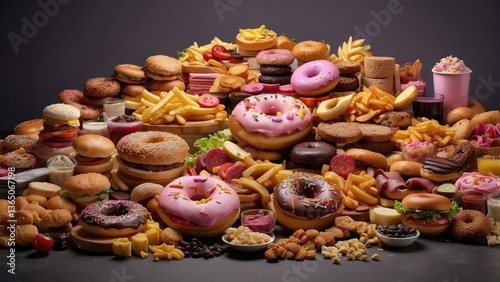 High-angle, full shot of various unhealthy foods.