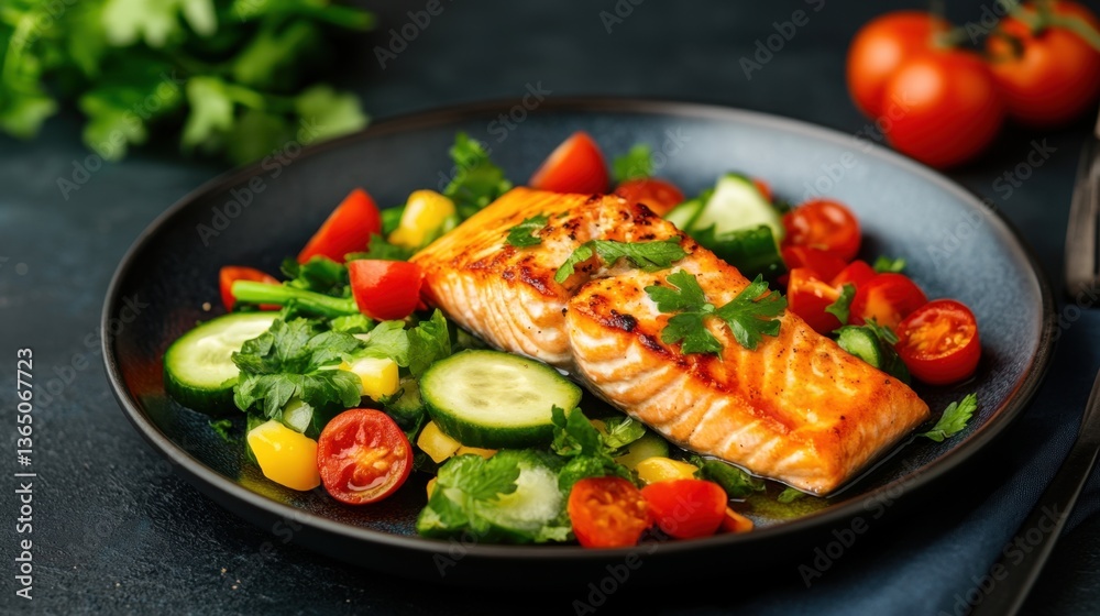 Fresh Grilled Salmon Fillet Served with Colorful Vegetables and Herbs in a Modern Bowl on a Dark Background Fresh Grilled Salmon Fillet Served with Colorful Vegetables and Herbs in a Modern Bowl on a Dark Background