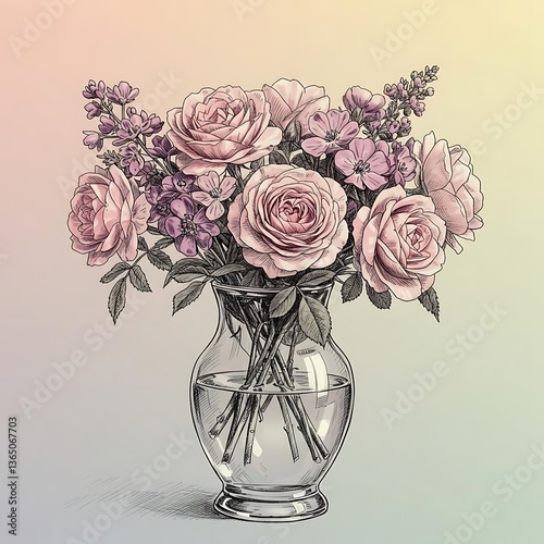 there is a vase with pink roses in it on a table