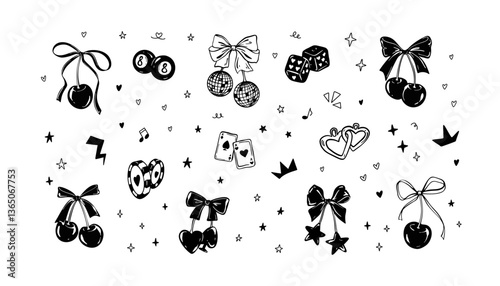 Cherry ribbon bow girly linocut design elements. Emo goth grunge y2k tattoo style hand drawn vector illustration. Casino, poker, wedding, bachelorette, birthday vintage feminine handwritting drawings