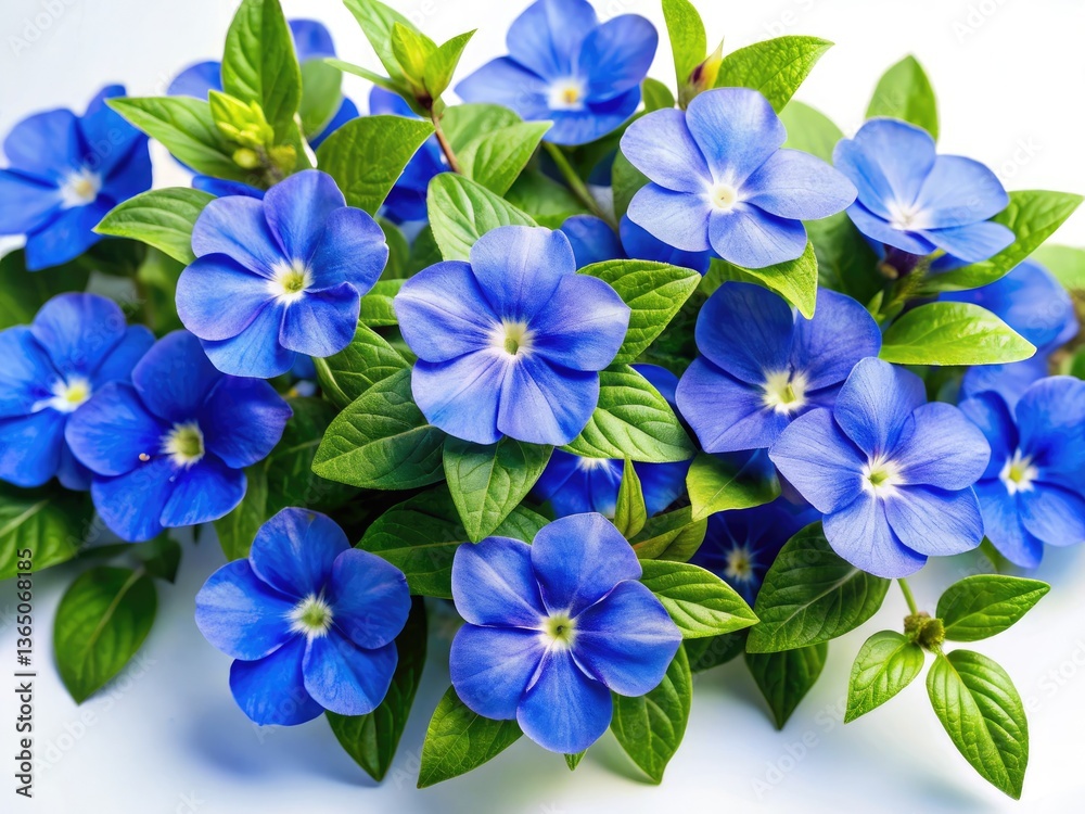 Fototapeta premium Browallia Blue Flowers Panoramic Flat Lay, Clean White Background, Wide Angle Photography