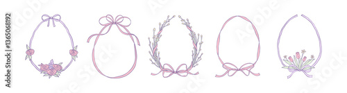 Cute pastel boho bouquet set. Easter egg frames with ribbon and bow. Whimsical coquette minimalist trendy wavy borders. Aesthetic spring, wedding, birthday design elements. Invite template