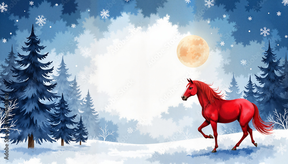 Red horse silhouette under full moon in snowy pines, winter magic Red horse silhouette under full moon in snowy pines, winter magic