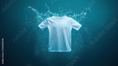 A Clean and Simple White T-Shirt Submerged in Water with Splashes and Bubbles Creating a Fresh and Inviting Look for Fashion and Apparel Promotion