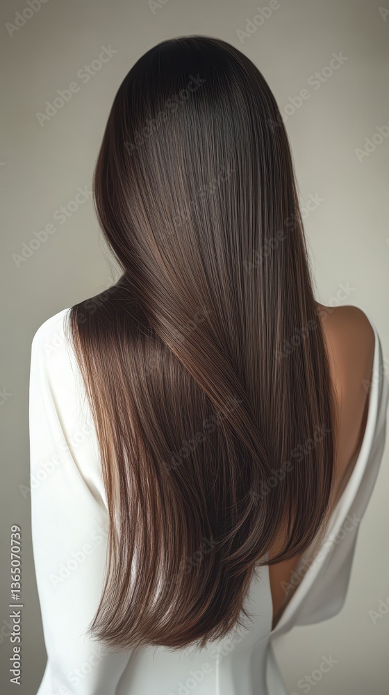 Naklejka premium Beautiful model girl with Brown hair strand,silky healthy chestnut wavy hair strand,hair wavy ribbon, with smooth,Keratin straightening,Treatment,straight long hair,procedures,Smooth hairstyle.