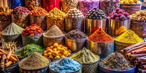Dubai Spice Souk Panoramic: Aromatic Spices, Colorful Textures, Middle Eastern Market, Detailed Photography