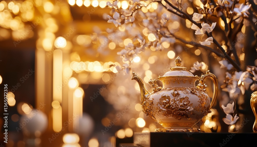 Elegant teapot amid blooms on golden backdrop, a luxurious, enchanting atmosphere