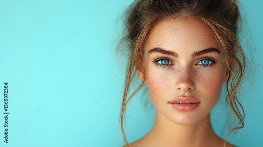 Turquoise background relaxed woman's profile shows nose, rhinoplasty, beauty. Turquoise background relaxed woman's profile shows nose, rhinoplasty, beauty.
