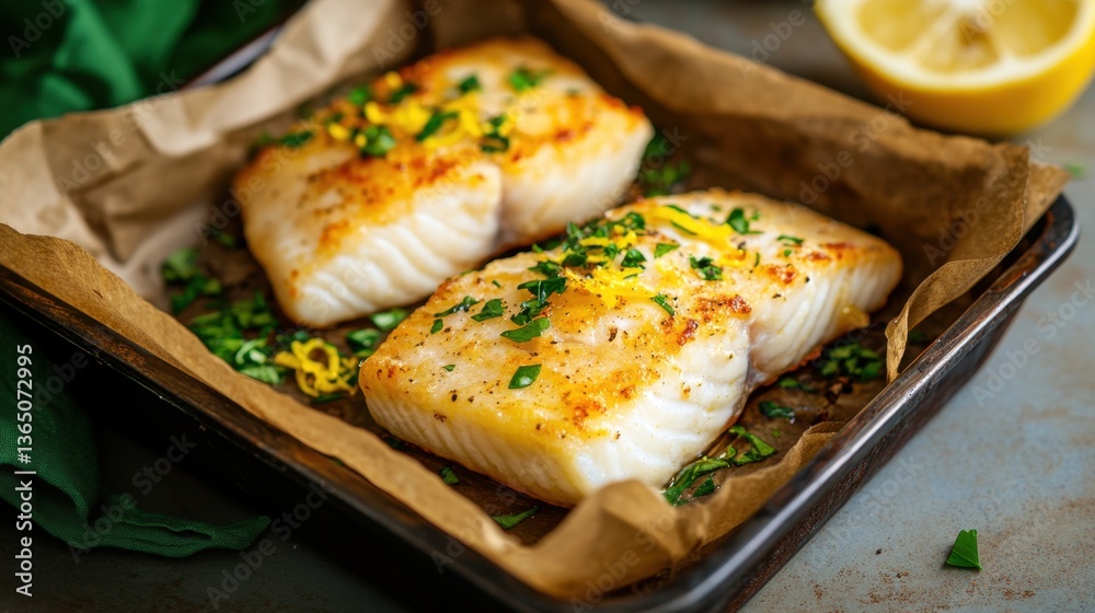 Freshly Cooked Fish Fillets Seasoned with Herbs and Lemon on Baking Tray Surrounded by Green Garnish and Lemon Wedge in Well-Lit Kitchen Setting Freshly Cooked Fish Fillets Seasoned with Herbs and Lemon on Baking Tray Surrounded by Green Garnish and Lemon Wedge in Well-Lit Kitchen Setting
