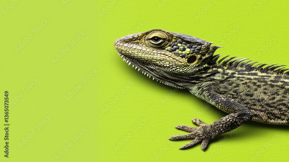 Obraz premium Colorful Lizard on Bright Green Background for Nature Photography