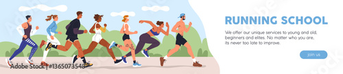 Running people, web banner design. Active joggers, runners in park, outdoor cardio event. Jogging and training school, sports activity, long advertising header background. Flat vector illustration.