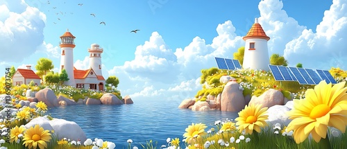 A whimsical cartoon landscape depicting lighthouses near peaceful waters